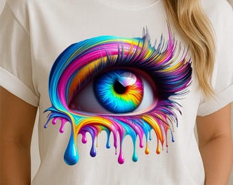 Rainbow Drip Eye Shirt PNG, Vivid Colorful Eye Graphic, Psychedelic Paint Splash Art, High Resolution 300 DPI Sublimation Design PNG