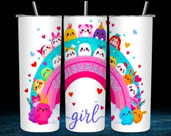 May include: A white tumbler with a rainbow design featuring cartoon characters and the text "Squishmallow girl".