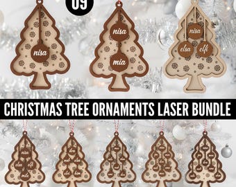 May include: A collection of laser-cut wooden Christmas tree ornaments. Each ornament is shaped like a tree and features names on decorative ball accents. The ornaments are strung with red and white twine. The text "CHRISTMAS TREE ORNAMENTS LASER BUNDLE" is displayed.