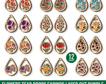 Floral Earrings SVG Bundle, Earrings SVG Files, Boho Hanging Flower Earring Laser Cut File, Glowforge Earrings, DIY Laser Earring Svg