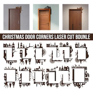 Puede incluir: Una colección de adornos navideños para esquinas de puertas cortados con láser en varios diseños. Los adornos son marrones y presentan elementos festivos como casas, árboles, renos y copos de nieve. El texto "CHRISTMAS DOOR CORNERS LASER CUT BDUNLE" está presente.