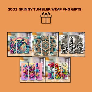 May include: Set of six 20oz skinny tumbler wraps featuring colorful designs. The designs include a turtle with flowers and waves, a mandala, a lighthouse with waves and the text "Be the Light", a floral design with the text "Boss Lady", and a rooster with the text "Crazy Chicken Lady!"