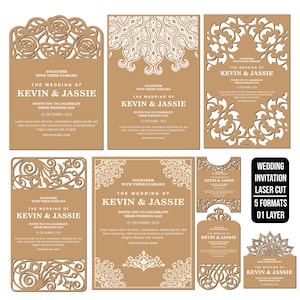Peut inclure: Plusieurs invitations de mariage découpées au laser, de formes et de motifs variés. Les invitations présentent des motifs floraux et ornementaux complexes, avec le texte "The Wedding of Kevin & Jassie" et la date "25 décembre 2025".
