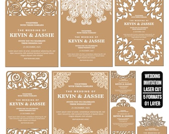 Laser geschnittene Hochzeitseinladungskarten SVG Bundle, 8 Designs, Glowforge Hochzeitseinladung DXF, elegante Hochzeit Laser Cut Dateien