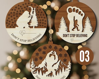 Christmas Bigfoot Ornament Laser Cut Bundle, Don't Stop Believing Bigfoot Ornament SVG, Sasquatch Ornament SVG for Cricut & Glowforge