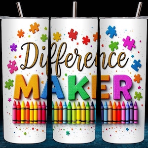 Rainbow Glitter Teacher Tumbler Wrap, Difference Maker Special Education 20 oz Skinny Tumbler Sublimation Design PNG Instant Digital Only
