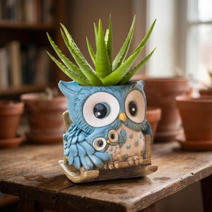 May include: A blue owl-shaped planter featuring a smaller owl nestled against its side, both sitting on a wooden rocking base. The planter holds a vibrant green aloe plant with pointed leaves, showcasing detailed feathers and large eyes.