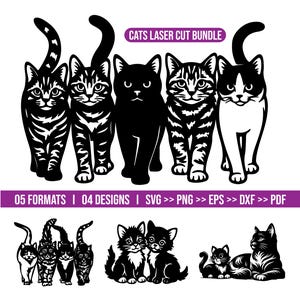 Puede incluir: Un paquete de arte digital con varios diseños de gatos en blanco y negro. La imagen incluye cinco gatos de pie, más tres grupos de gatos más pequeños. El texto en la parte superior dice "CATS LASER CUT BUNDLE". Debajo, enumera los formatos de archivo.