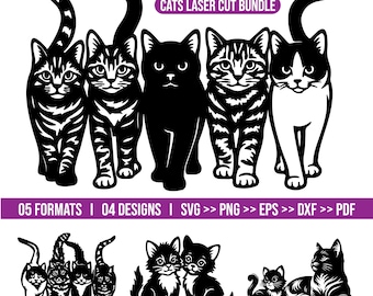 Walking Cats Silhouette SVG, Five Cats Laser Cut File, Cat Lover Wall Art SVG, CNC Cat Decor, Walking Cats Digital Download
