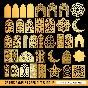 May include: A collection of gold-colored laser-cut Arabic panel designs in various shapes, including arches, stars, and crescent moons, against a black background. The text "ARABIC PANELS LASER CUT BUNDLE" is at the bottom.