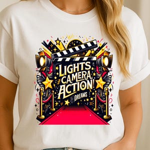 Hollywood red carpet shirt design, lights camera action clapper board movie theme, film star party graphic tee, cinema night apparel art PNG