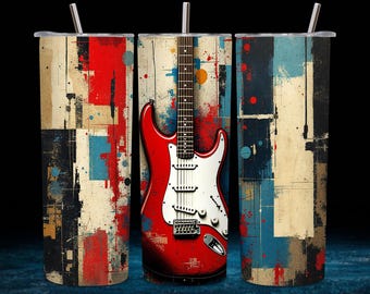 May include: A red electric guitar with a white pickguard and black knobs is printed on a stainless steel tumbler. The tumbler has a colorful abstract design with red, blue, and yellow accents.