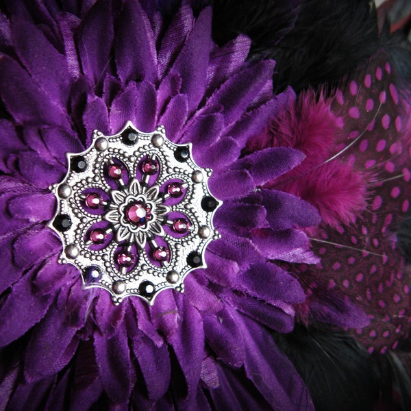 Bewitching Purple Fascinator - Purple Berry Wine Black - Spider Feathered Flower - Cirque - Vegas