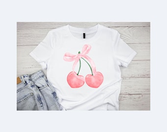 Pink Cherry Bow T-Shirt | Cute Aesthetic Tee | Soft Girl Graphic Shirt | Y2K Fruit Shirt | Summer Trend T-Shirt | Coquette T-Shirt for Women