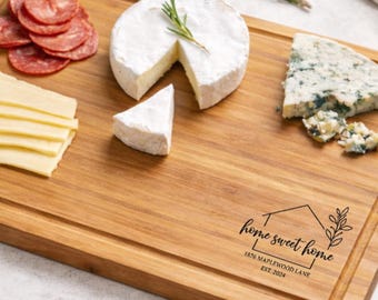 Personalized Home Sweet Home Cutting Board, Engraved Wood Charcuterie Board With Family Name, Rustic Cheese Board Kitchen Decor Gift Board