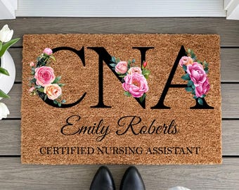 Personalized CNA Doormat, Custom Nursing Assistant Door Mat, Floral Name Welcome Mat, Healthcare Worker Gift, Certified Nurse Aide Decor