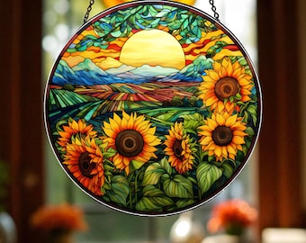 Sunflower Field Suncatcher, Floral Window Art, Stained Glass Sunflower Art, Cheerful Sun Catcher Gift, Natural Suncatcher, Sunflower Decors