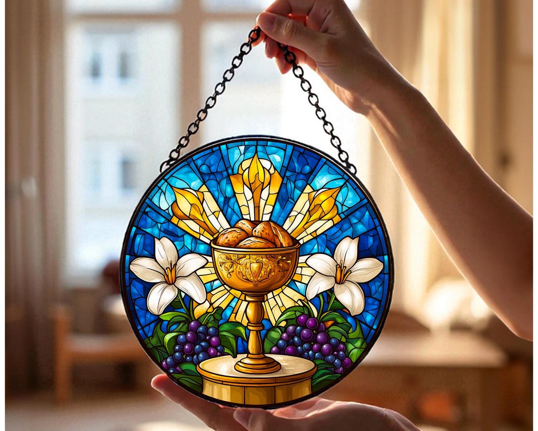 Holy Communion Stained Glass Suncatcher Ornament, Eucharist Chalice and ...