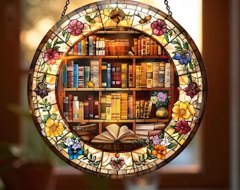 Book Library Themed Suncatcher, Book Window Decor, Reading Nook Sun Catcher, Glass Book Ornament Gift, Book Themed Suncatcher, Book Lover