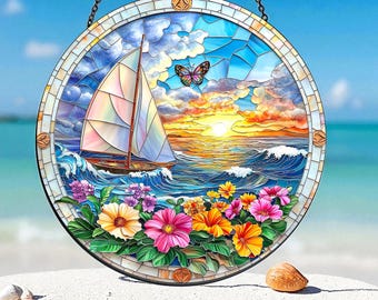 Attrape-soleil paysage océanique - Suspension de fenêtre côtière, décoration coucher de soleil sur la plage, vitrail art océan, attrape-soleil sur le thème de l'océan, déco vue océan