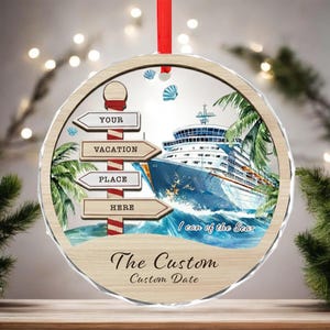 Personalized Cruise Vacation Ornament, Custom Destination & Date, Tropical Christmas Keepsake with Ship and Signpost, Unique Gift for Cruise