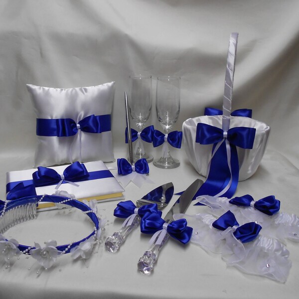 Free Shipping White Royal Blue Cobalt Wedding Ring Pillow Flower Girl Basket halo Guest book Garters Cake set Toasting glasses Your Colors