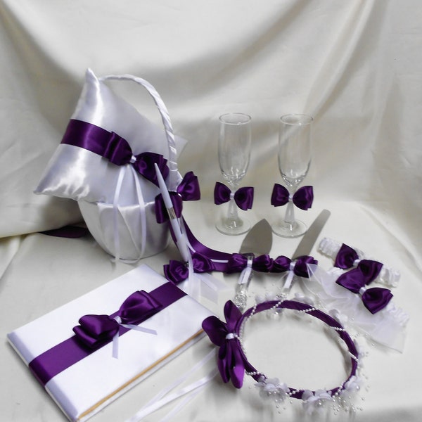 Free Shipping Wedding Accessories White Purple/Eggplant Flower Girl Basket Halo Ring Bearer Pillow Guest Book Cake Server Glasses Garters