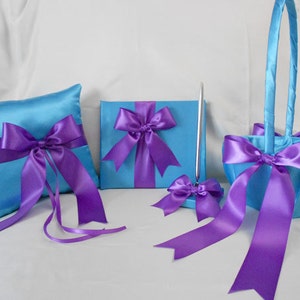 Free Shipping Wedding Accessories Turquoise Purple Flower Girl basket Ring Pillow Guest Book Pen Your Colors