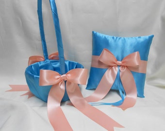 Free Shipping Weddings Accessories Turquoise Peach Flower Girl Basket Ring Bearer Pillow Your Colors