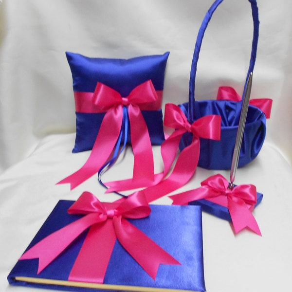 Mariage accessoires bleu Royal Fuchsia de port chaud rose fille de fleur panier anneau porteur oreiller invité livre stylo ensemble vos couleurs