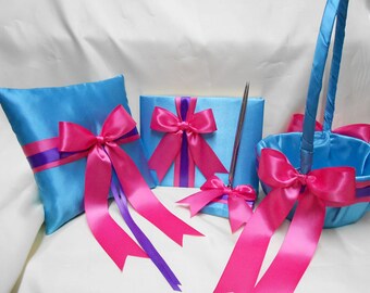 Free Shipping Wedding Accessories Turquoise Hot Pink Purple Flower Girl Basket Ring Bearer Pillow Guest Book Your Colors