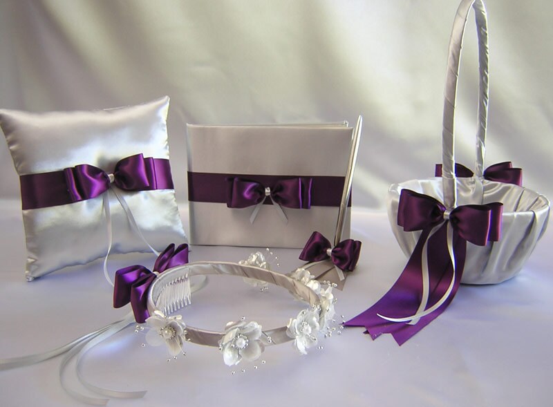 Wedding Silver Gray Eggplant Purple Flower Girl Basket Halo Etsy