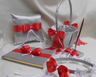 Free Shipping Wedding Silver Coral Flower Girl Basket Halo Ring Bearer Pillow Guest Book Pen Set Your Colors