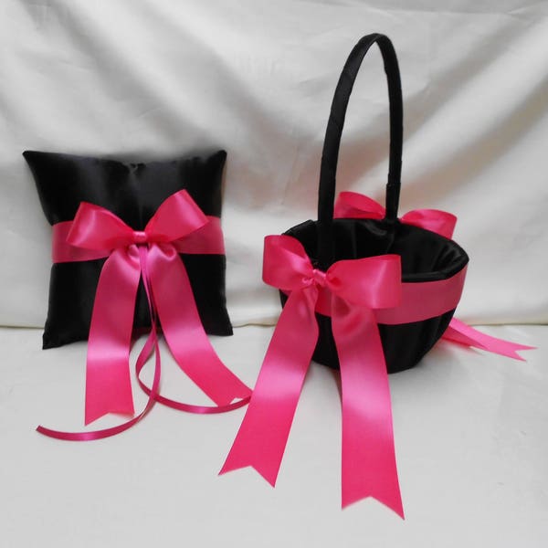 Livraison gratuite noir Fuchsia Hot Rose Flower Girl accessoires mariage panier oreiller anneau porteur votre Weddingsbyminali de couleurs