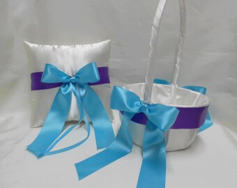 Free Shipping Wedding Accessories Ivory Purple Turquoise Flower Girl Basket Ring Bearer Pillow  Your Colors