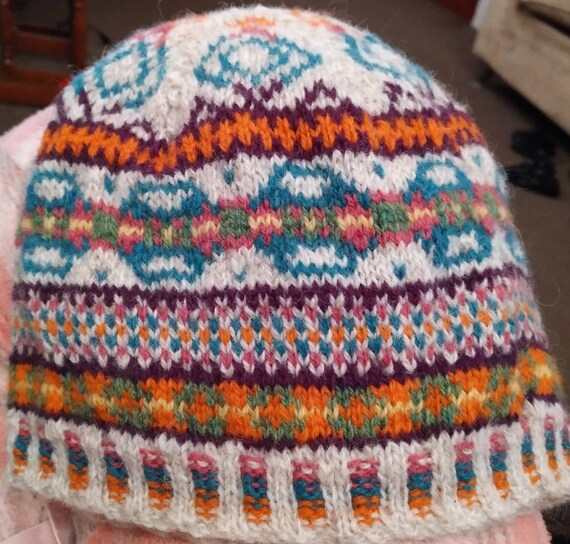 Fair Isle Beanie Hat Hand Knit 50-54cm 