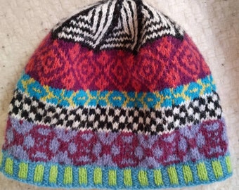 Fairisle beanie hat hand knit 53 - 59cm