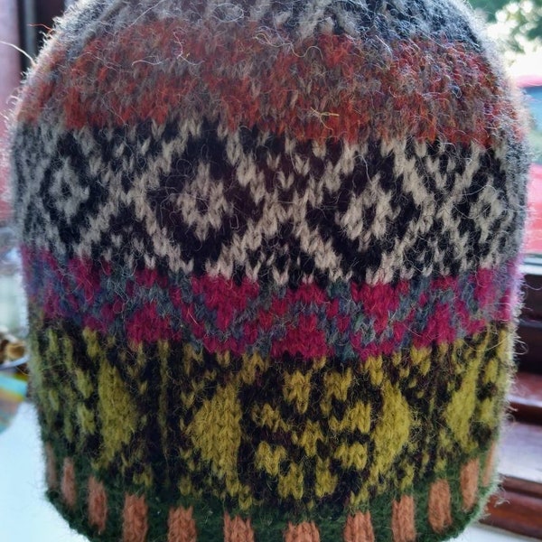 Fairisle beanie hat hand knit 53 - 57cm