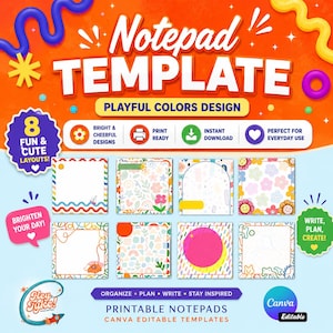 Może przedstawiać: Żywa pomarańczowa grafika z tekstem "Notepad Template" i "Playful Colors Design". Prezentuje osiem układów notatników z kwiatowymi i geometrycznymi wzorami. Dodatkowy tekst to "Fun & Cute Layouts!" i "Printable Notepads."