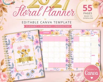 2027 Floral Gold Planner Template Canva Editable Printable Planner for Women Elegant Girly Digital Planner 8.5x11