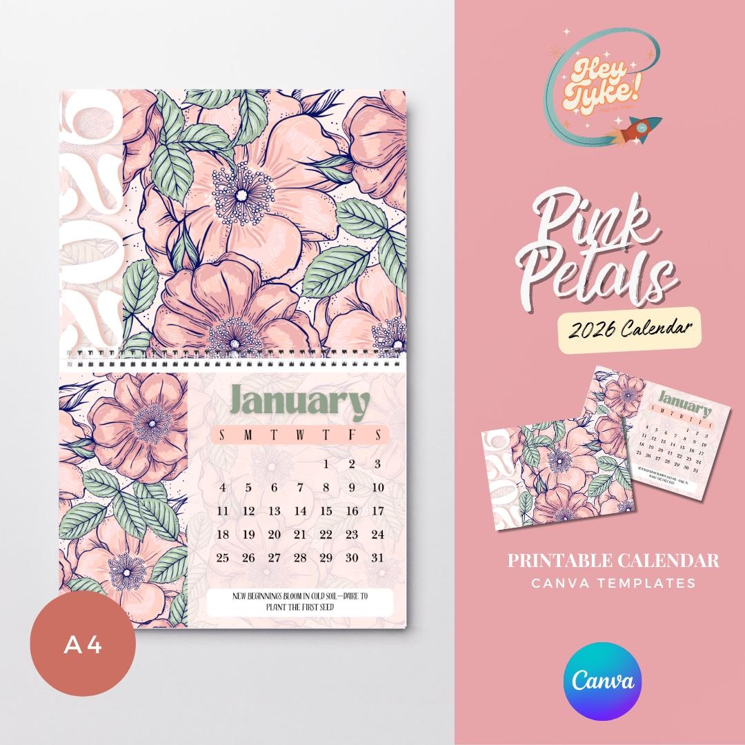 Pink Floral Calendar – Printable Canva Template 2026 Version - Etsy