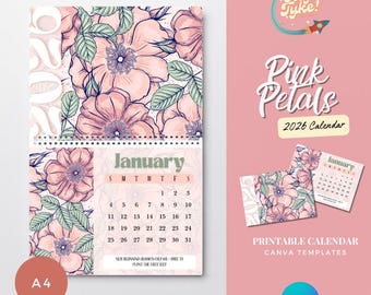 Pink Floral Calendar – Printable Canva Template 2026 Version