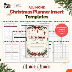 May include: A collection of Christmas planner insert templates by Hey Tyke! featuring 35 layouts in A4 and A5 sizes. The set includes various organizational sheets for party guests, budgets, gift wrapping, and holiday checklists with festive graphics.