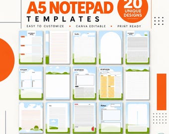 May include: A collection of 20 A5 notepad templates featuring various layouts including lined, grid, and checklist formats. The designs incorporate a light blue sky and green landscape theme with text elements like Get Things Done and Reminders.