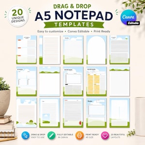 Può includere: Una collezione di 20 modelli di blocco note A5 con vari layout e grafiche ispirate a paesaggi blu e verdi. Il testo include DRAG & DROP A5 NOTEPAD TEMPLATES, Canva Editable, Easy to customize, Print Ready e 20 UNIQUE DESIGNS.