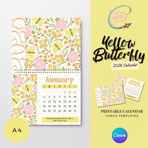 2026 Floral Butterfly Calendar: Printable A4 Canva Template