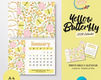 Sjabloon kalendercanva 2026 | Geel vlindermotief met bloemen | Afdrukbare ontwerpen
