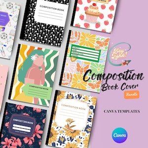 Puede incluir: Una colección de cuadernos de composición con varios diseños de portada. Las portadas presentan patrones florales, una magdalena con fresas y una mujer con una flor. El texto "Composition Book" es visible en varias portadas. La imagen también incluye el texto "Hey Jyke!" y "Composition Book Cover Bundle".