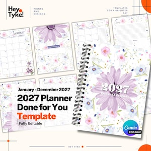 May include: A 2027 spiral-bound planner template featuring a floral pattern with purple daisies and small pink and blue flowers. The cover displays the text 2027 Plans and Progress. Includes various interior page layouts like monthly calendars and note pages.