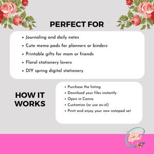 Puede incluir: Juego de papeler&iacute;a digital con detalles florales y el texto "PERFECTO PARA" y "C&Oacute;MO FUNCIONA". Incluye diarios, blocs de notas, regalos imprimibles y papeler&iacute;a digital DIY. El texto "Hey Tyke!" est&aacute; en la esquina inferior derecha.